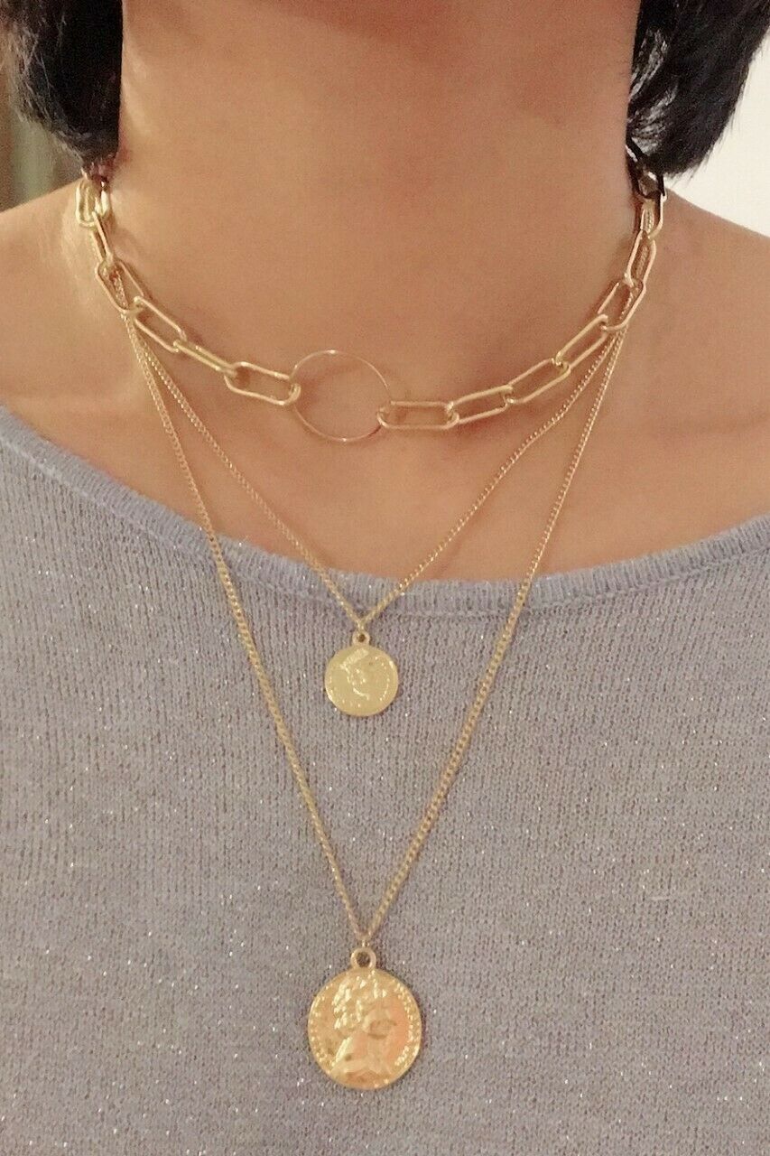 Girls Multi-layer Gold Coin Pendant Fashion Necklace Choker Pearl Chain Leopard