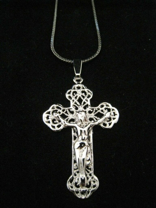 Quality Platinum Silver Plated Jesus on Cross Pendant Necklace Snake Chain Gift