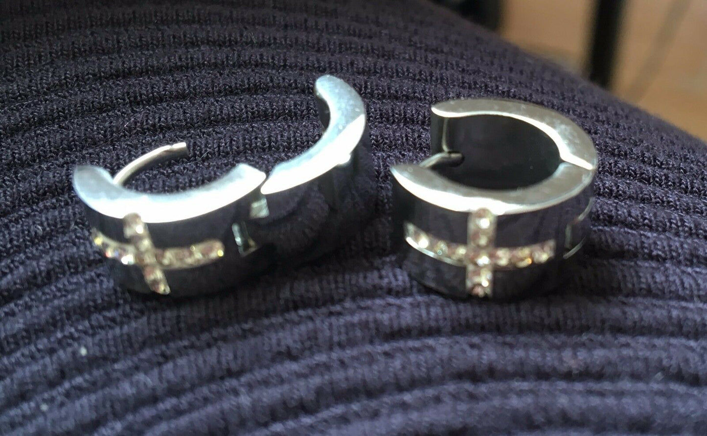 Unisex Cuff Huggie Hoop Stainless Earrings Cross Diamante Motif - Silver or Gold