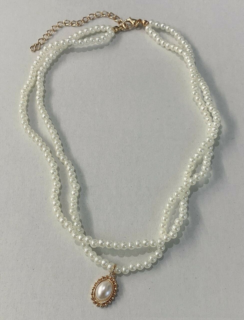 20s Gatsby Gold Tone Faux Pearl Double Layer Oval Choker Pendant Necklace Chain