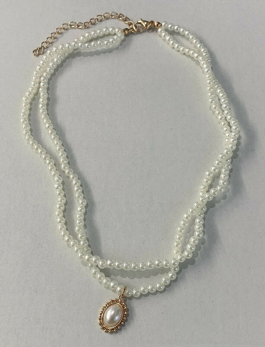 20s Gatsby Gold Tone Faux Pearl Double Layer Oval Choker Pendant Necklace Chain