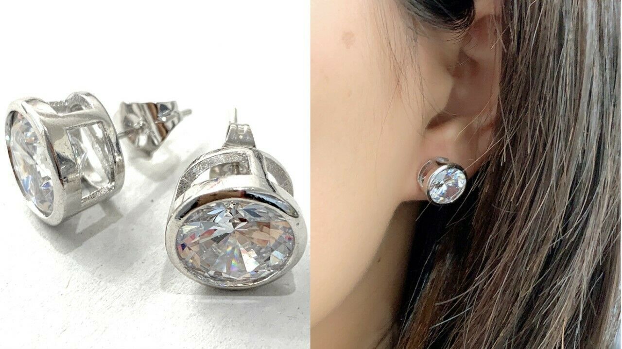 Large Quality 1cm Platinum Silver Plated Zircon Crystal Earrings Studs Gift