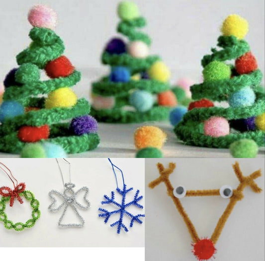 Christmas Craft - Striped Pipe Cleaners Tinsel Pom Poms Googly Eyes Rudolph Set