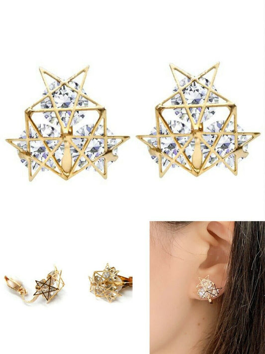 Womens Girls Star Cluster Shiny Zircon Crystal Gold CLIP ON Earrings Stud Studs