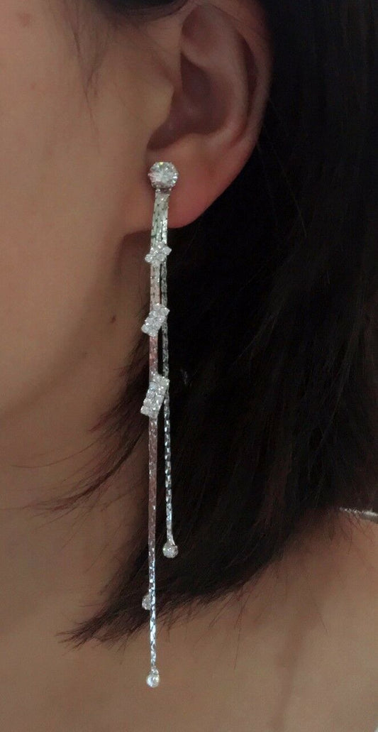 Silver Diamante Long Dangle Tassel Clip On Earrings Crystal Non Pierce UK Gift