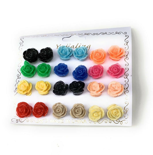 12 Pairs Classic Rose Flower Stud Earrings Set Womens Girls Earring Jewelry Pack