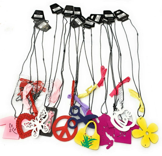6 Girls Kids Wooden Pendant Long Necklace Chain Birthday Party Goodie Bag Filler