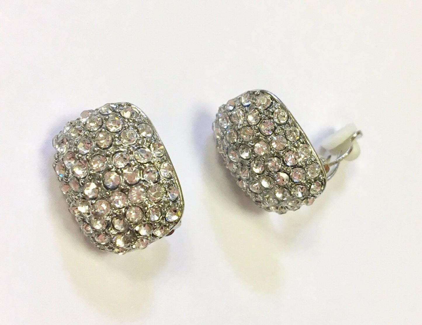 Rectangle Full Crystal Clip On Earrings Studs - Silver or Gold - High Quality