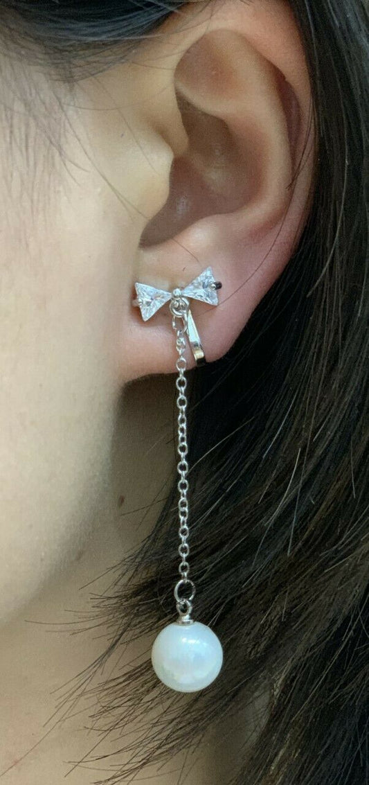 High Quality Silver Zircon Crystal Bow Shell Pearl Drop Dangle Clip On Earrings