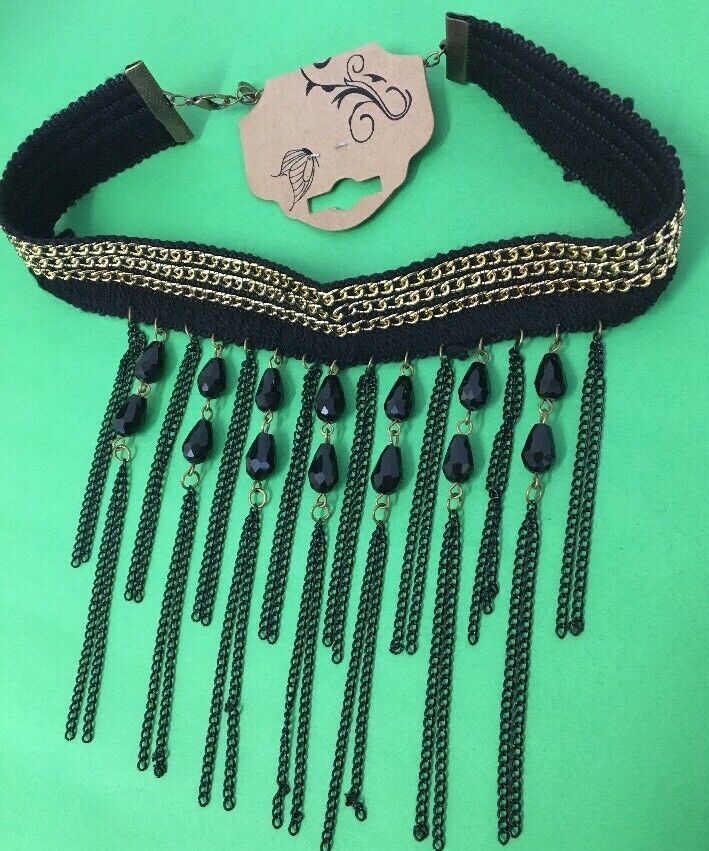 Victorian Gothic Black Gold lace Beads Chain Bib Choker Statement Necklace