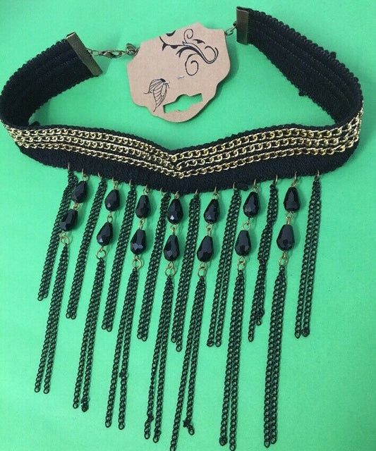 Victorian Gothic Black Gold lace Beads Chain Bib Choker Statement Necklace