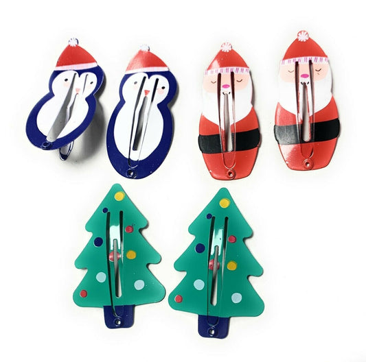 6 Girls Bendies Sleepies Hair Clip Slides - Novelty Design Santa Christmas Set