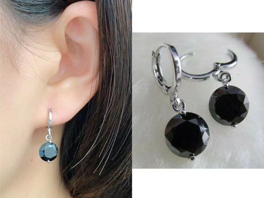 Quality Platinum Silver Plated 9mm Black Zircon Crystal Dangle Drop Earrings UK