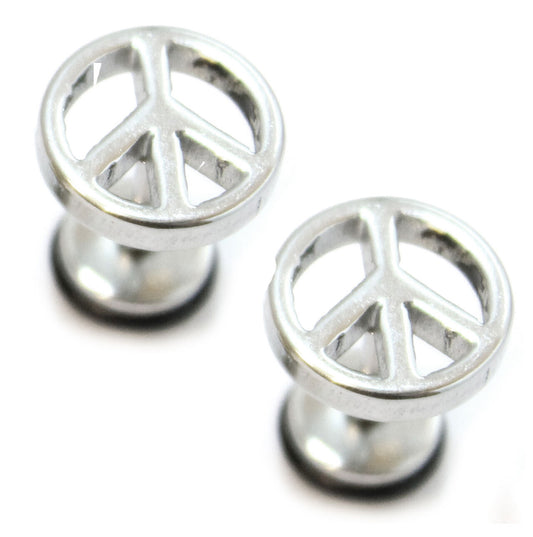 PAIR Peace Mens Earrings Stainless Steel Stud Fake Stretcher Plug Upper Ear