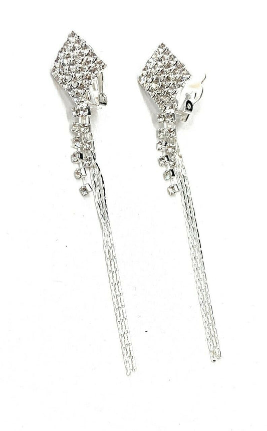 Silver Square Diamante Long Dangle Tassel Clip On Earrings Crystal Non Pierced