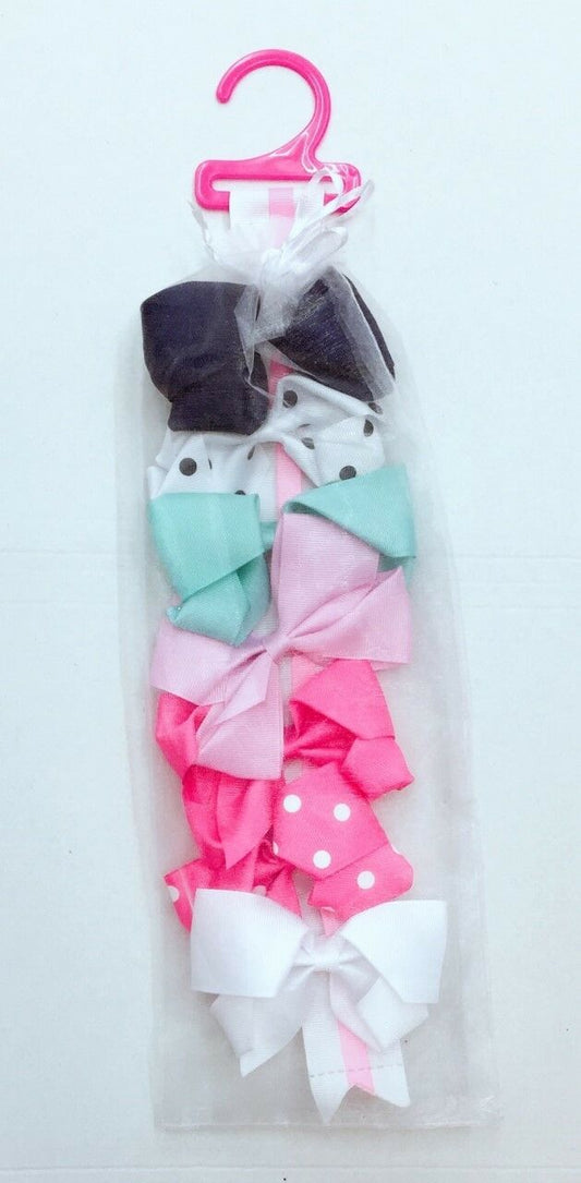 7 Girls Polka Dot Pink White Navy Big Hair Bow Set with Bow Holder & Gift Bag