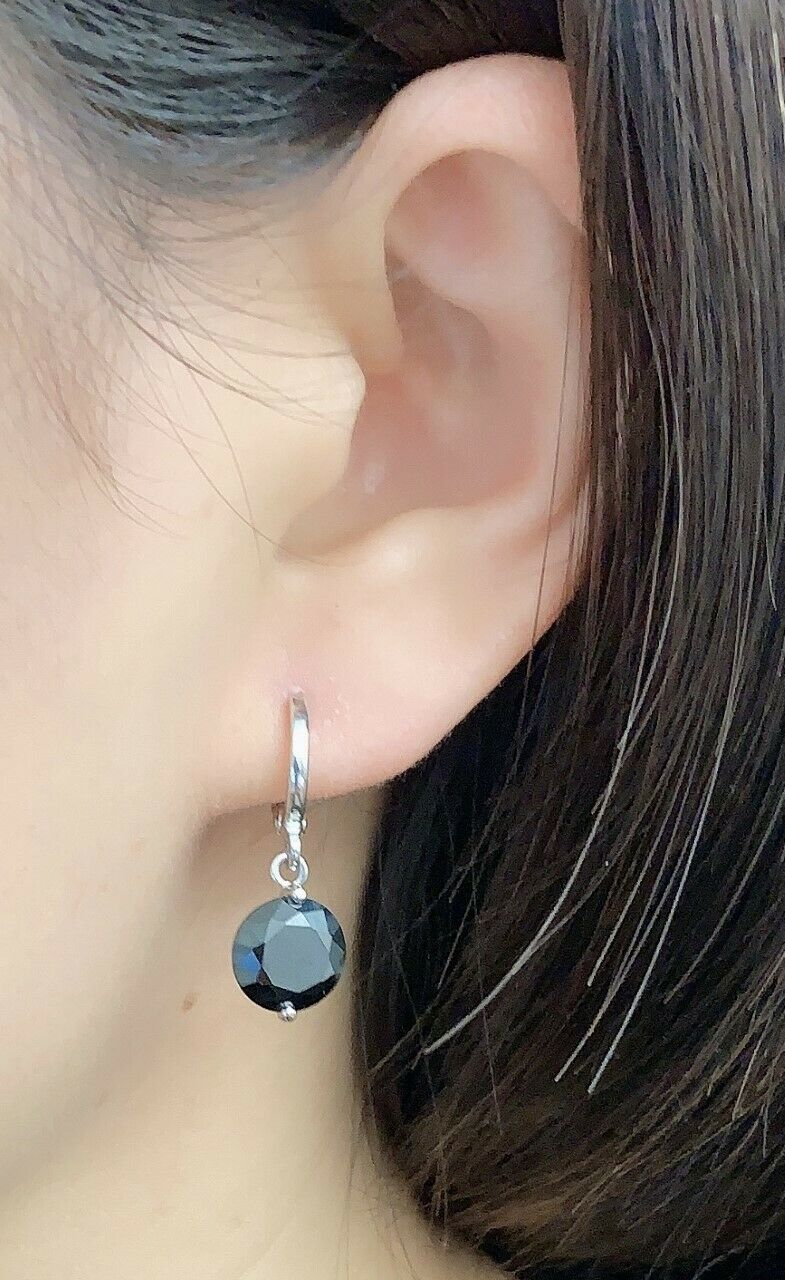 Quality Platinum Silver Plated 9mm Black Zircon Crystal Dangle Drop Earrings UK