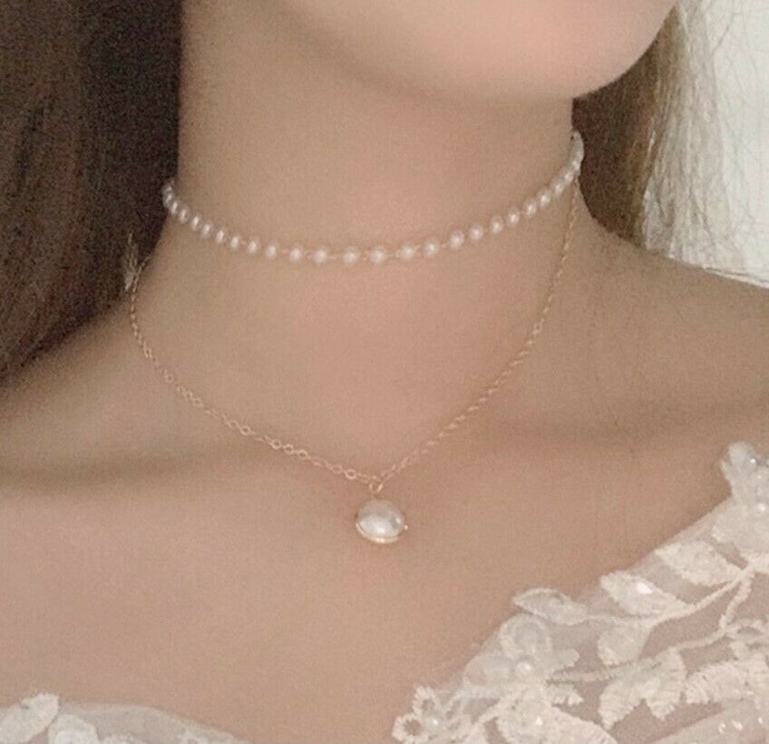 20s Gatsby Gold Tone Faux Pearl Double Layer Choker Pendant Necklace Chain UK