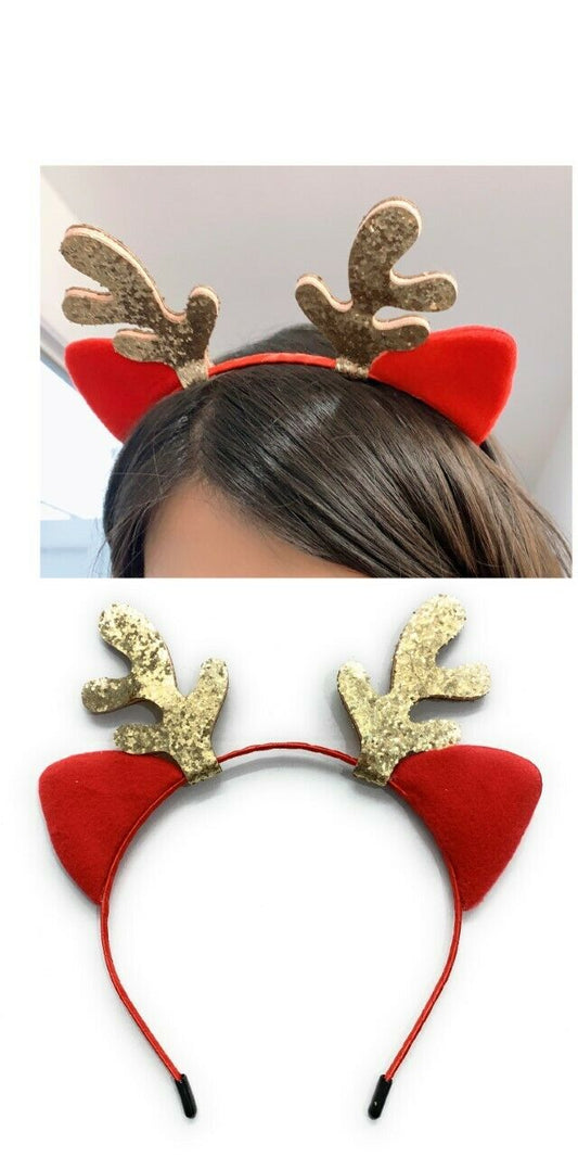 Girls Red Cat Ear Gold Glittery Reindeer Antlers Christmas Deer Ears Headband