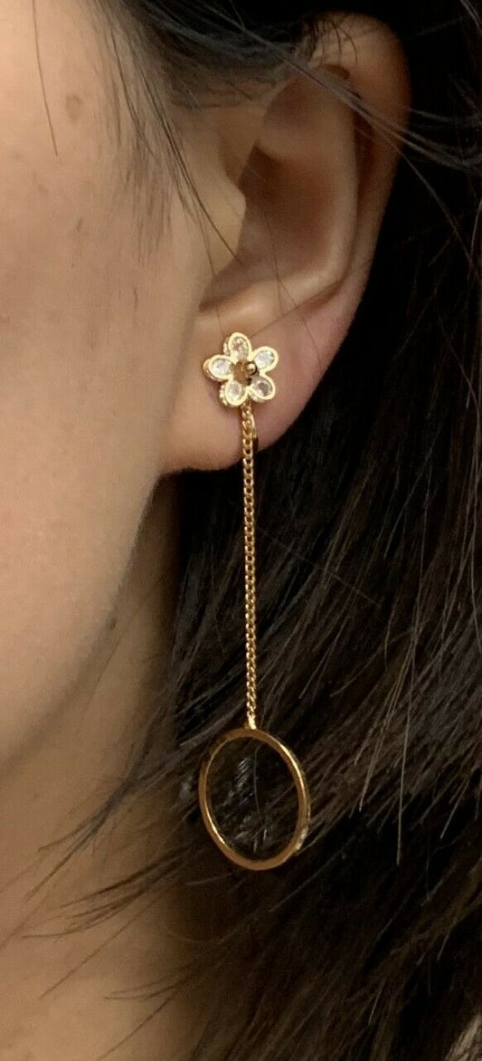 High Quality Gold Zircon Crystal Flower Hoop Drop Long Dangle Clip On Earrings