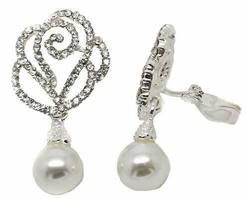 CLIP ON Dangle RHINESTONE Sparkly Rose Earrings Diamante Pearl Drop Bridal Party