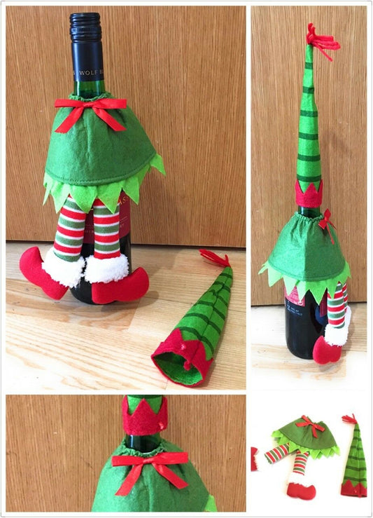 Novelty Christmas Green Elf Outfit as Wine Bottle Cover - Xmas Table Decorations