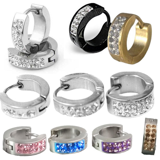 PAIR Cuff Huggie Hoop Earrings Surgical Stainless Steel Crystal MENS WOMENS