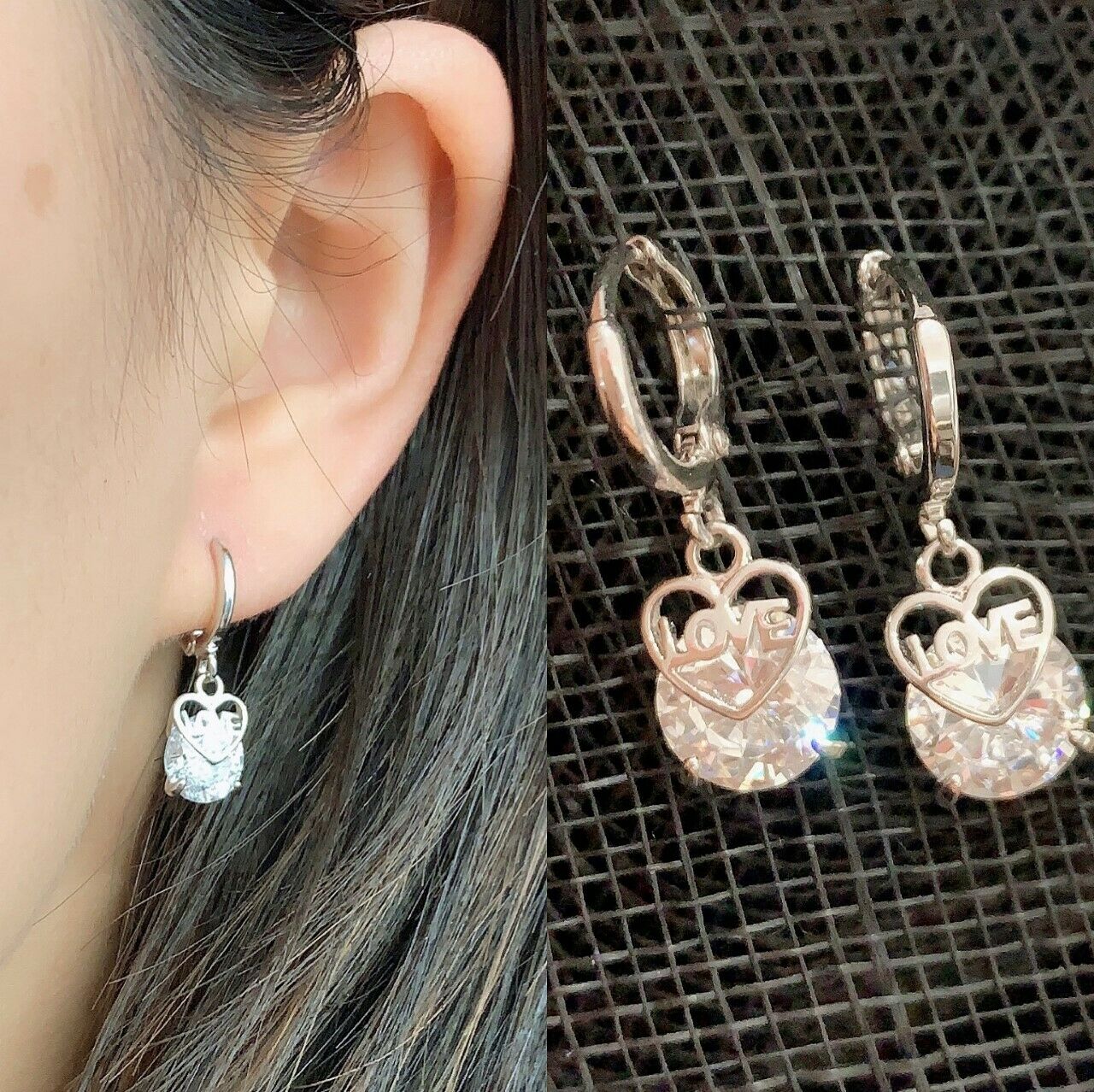 Quality Platinum Silver Plated Love Heart Zircon Crystal Dangle Drop Earrings UK