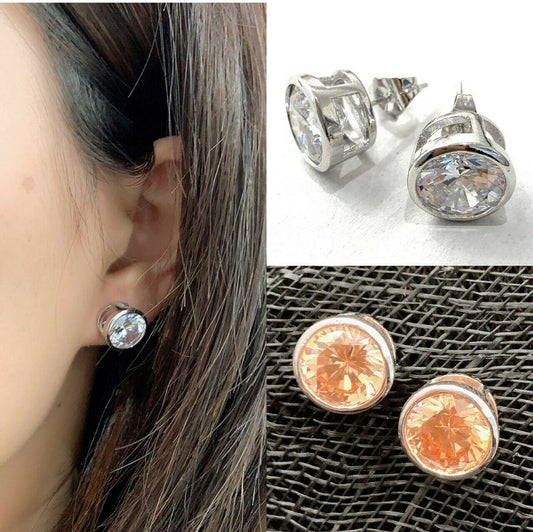 Large Quality 1cm Platinum Silver Plated Zircon Crystal Earrings Studs Gift
