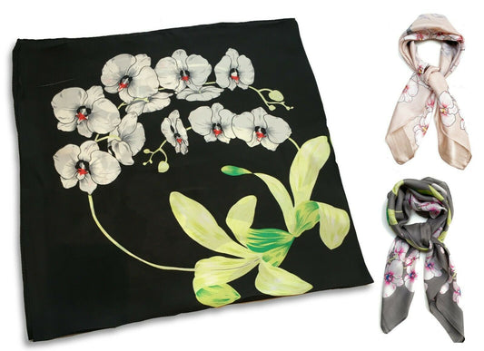 Women Silk Scarf Ladies Square Vintage Orchid Flower Print Pattern Bandana UK