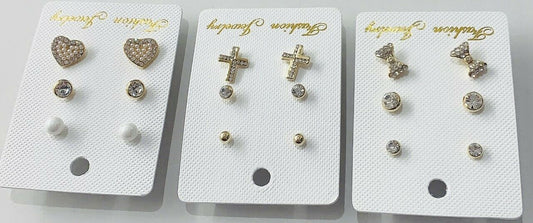 3 Pairs Gold Earrings Set Rhinestone Crystal Pearl Ear Stud Ladies Studs Quality