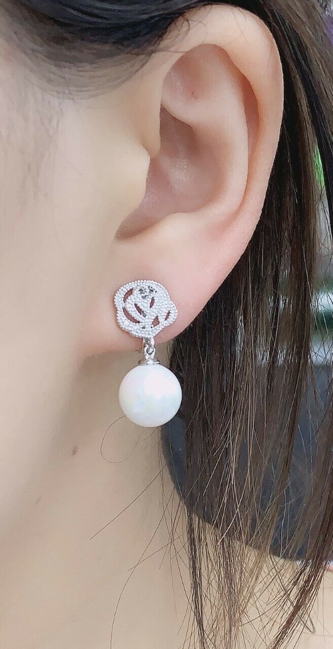 Natural Shell Pearl Drop Rose Clip On Earrings Bridal Non Pierced in Gift Bag