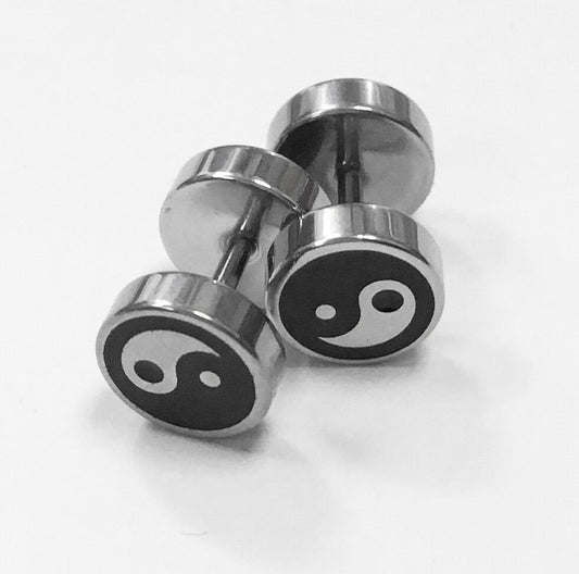 Pair Men's Women's Stainless Steel Silver Black Ying Yang Screw Plug Earrings