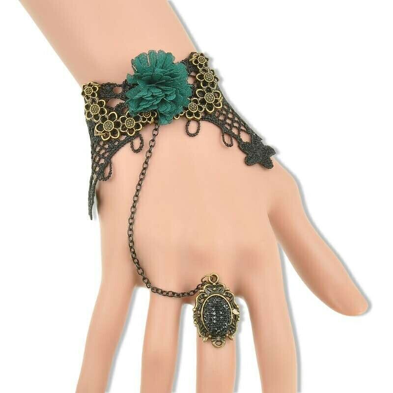 Gothic Retro Vintage Lace Beads Halloween Slave Bracelet Ring Chain Vampire Rose