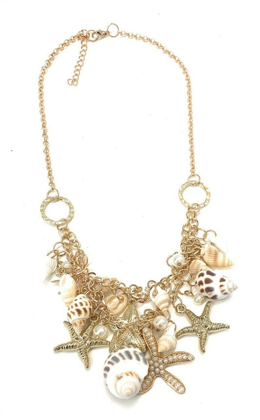 Gold Sea Shell Faux Pearl Beads Starfish Charms Statement Necklace Chain Gift UK