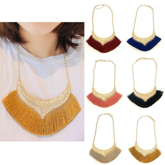 Girls Woman's Gold Tone Statement Tassel Bib Fashion Necklace Chain Gift UK
