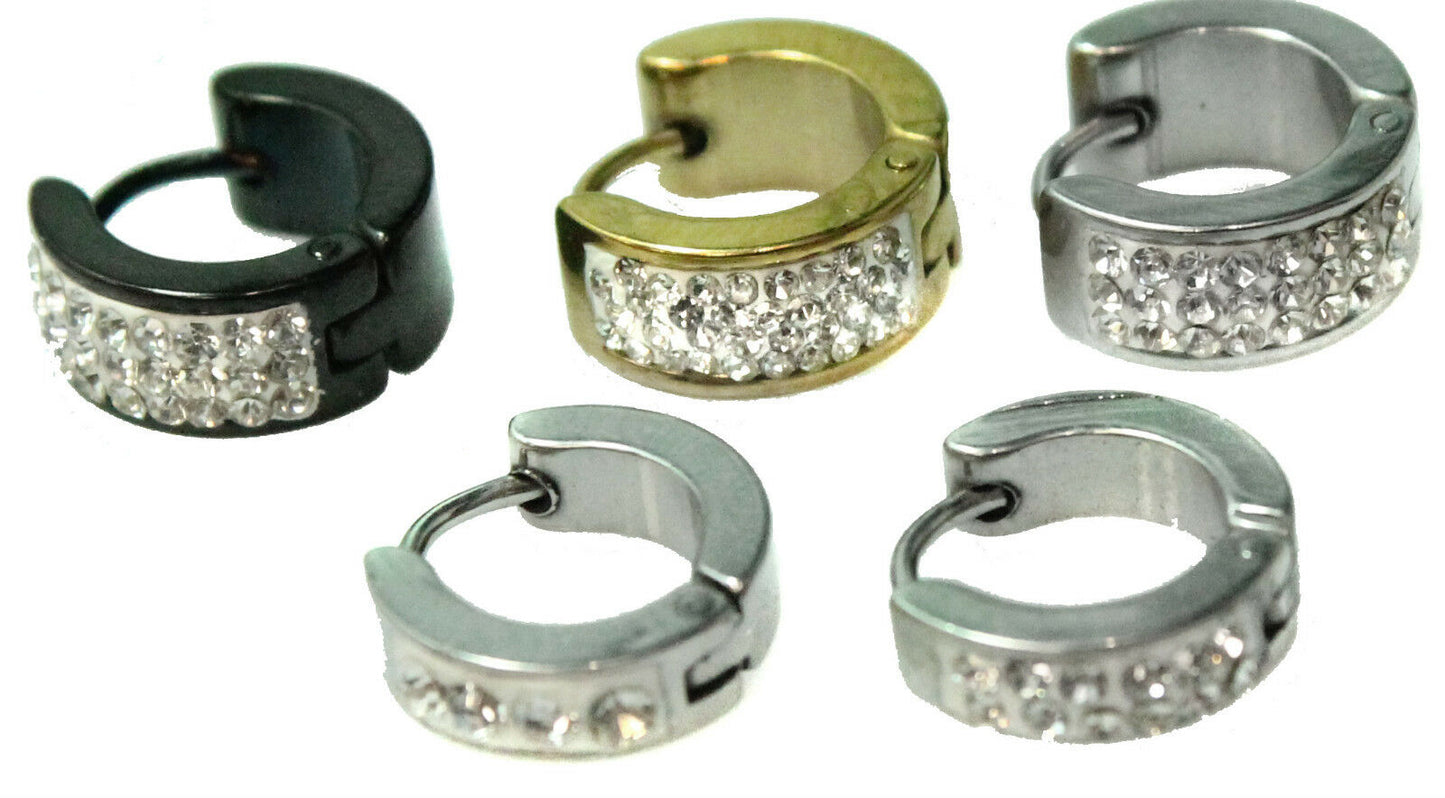 PAIR Cuff Huggie Hoop Earrings Surgical Stainless Steel Crystal MENS WOMENS