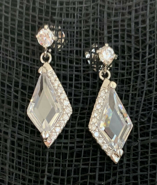 Quality Platinum Silver Plated Rhombus Zircon Crystal Dangle Drop Earrings Gift
