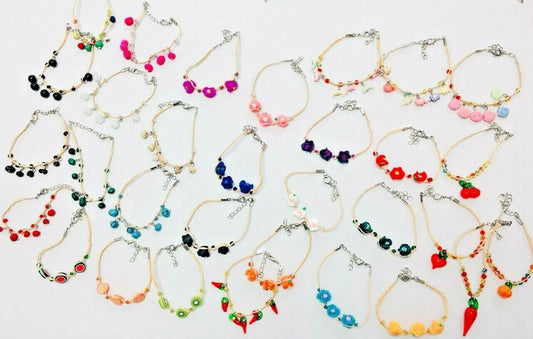 Girls Kids Adjustable Bracelet Clay Rose Stone Beads Glass Cherry Charm Fruit