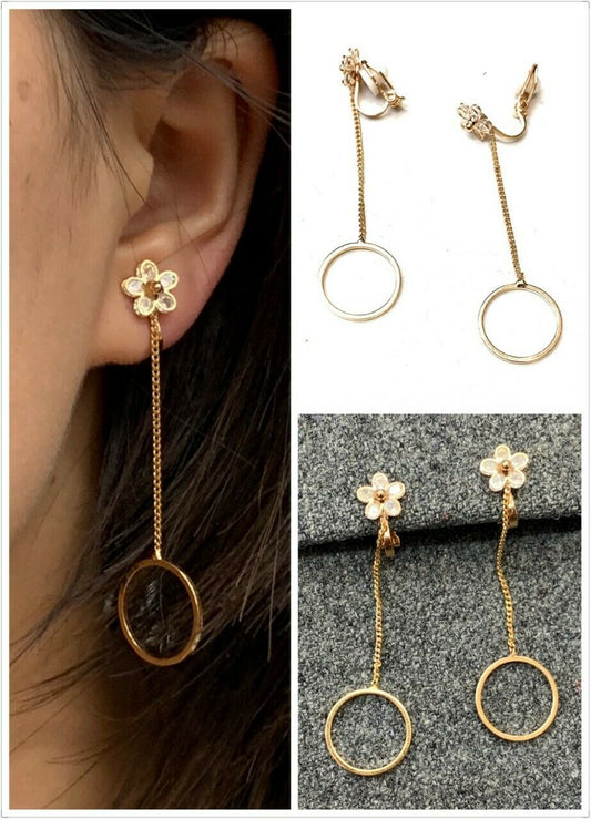 High Quality Gold Zircon Crystal Flower Hoop Drop Long Dangle Clip On Earrings