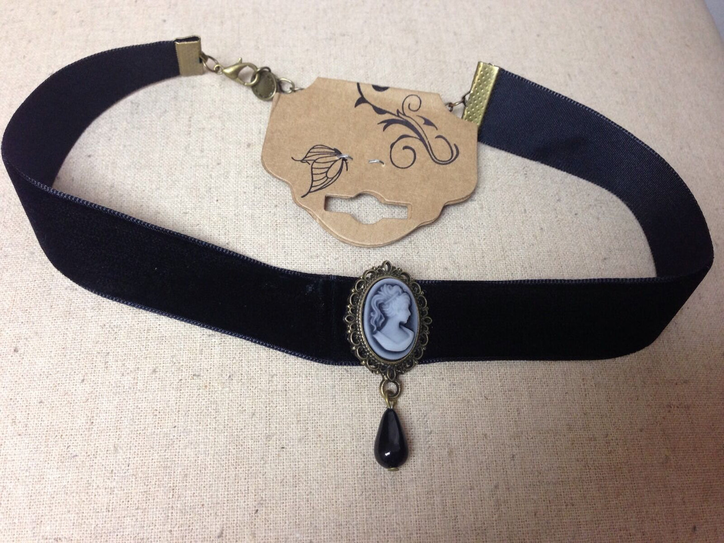 Vintage Gothic Black Velvet Choker 20mm Necklace Lady Cameo Pendant Drop Retro