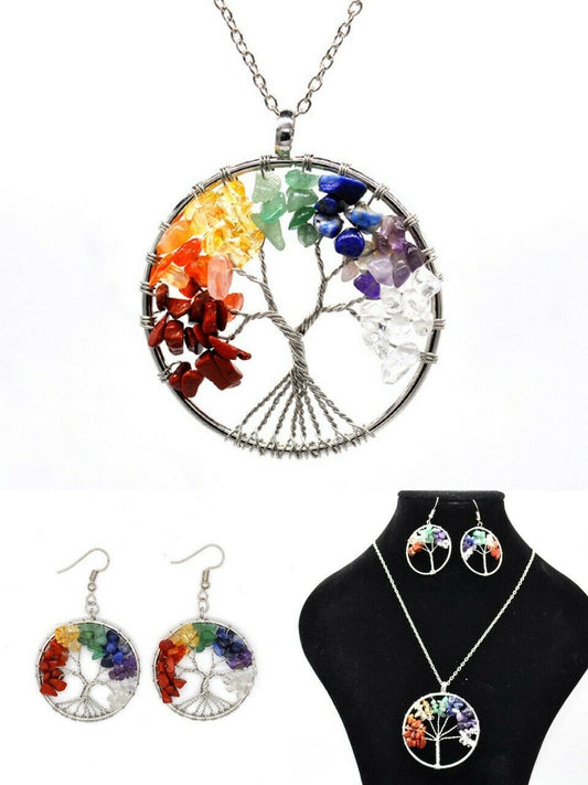 Silver Tone Tree of Life Natural Stone Beads Necklace and Earrings Gift Set UK