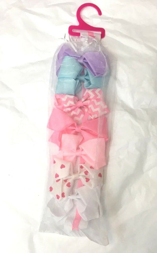 7 Girls Pink Heart Blue White Purple Big Hair Bow Set with Bow Holder & Gift Bag