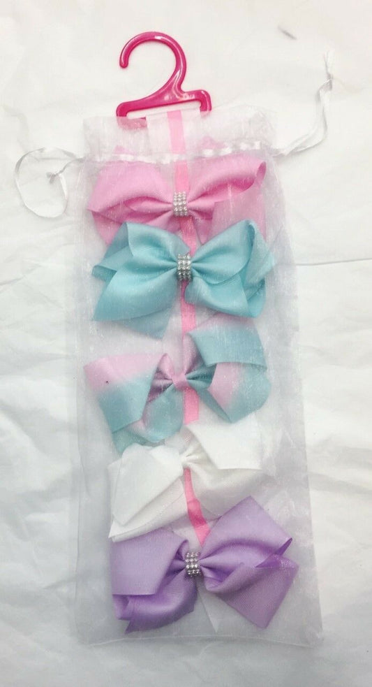5 Girls Huge Big Hair Bow Set with Bow Holder & Gift Bag - Pink Blue Lilac White
