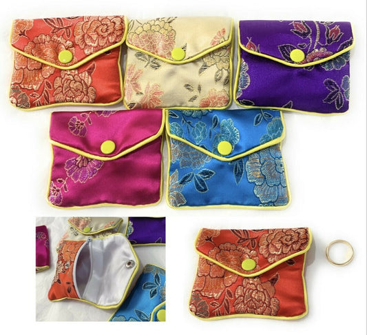 5 Chinese Silk Jewellery Button Zip Pouch Bag Embroidered Purse Organizer Set UK