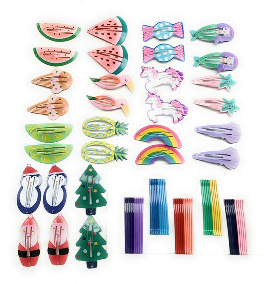 70Pcs Set Girls kids Novelty Hair Clips Snap Clip Slides Santa Unicorn Mermaid