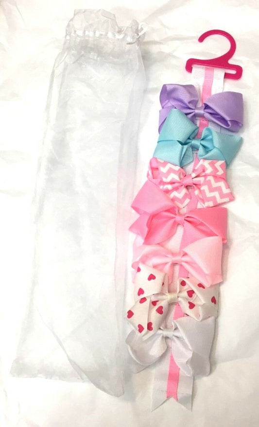 7 Girls Pink Heart Blue White Purple Big Hair Bow Set with Bow Holder & Gift Bag