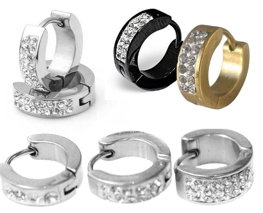 PAIR Cuff Huggie Hoop Earrings Surgical Stainless Steel Crystal MENS WOMENS