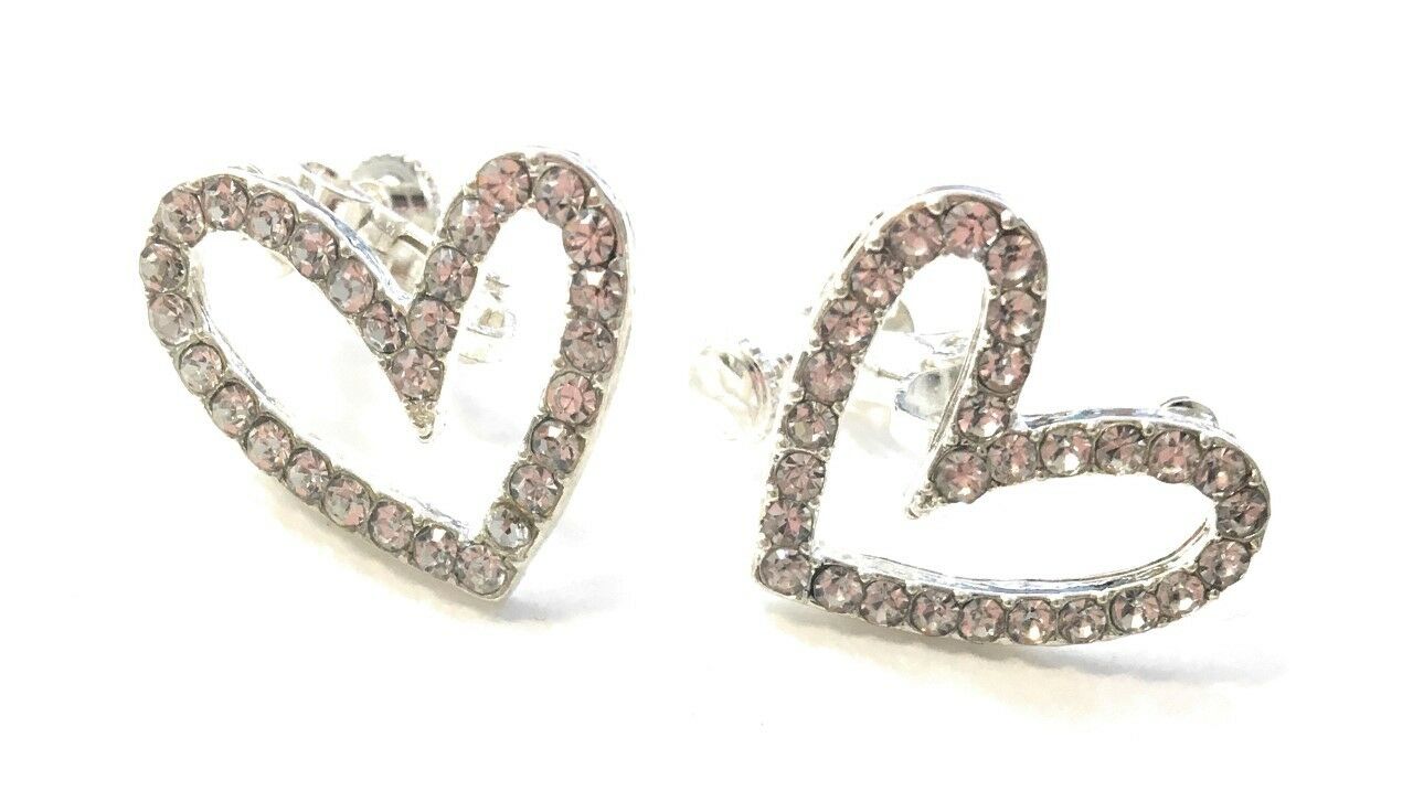 Silver Heart Non-Pierced Crystal Studs Diamante Clip On Earrings CZ Gatsby