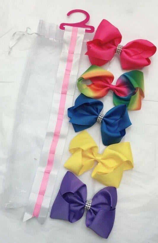 5 Girls Huge Big Hair Bow Set with Bow Holder & Gift Bag - Rainbow Yellow Pink